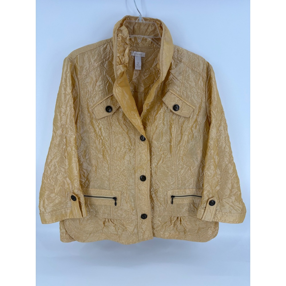 Chico's Women's Tan Crinkle Jacket Collared 3/4 Sleeve Button Front Size 2
